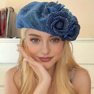Fashionable Denim Beret with 3D Floral Embellishmen